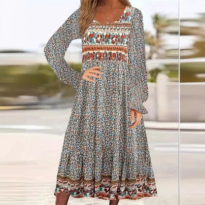 A beautifully printed dress with a round neckline, pullover design, and long sleeves in a variety of colours