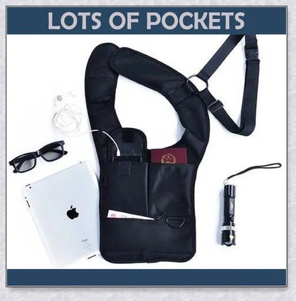 Hidden Slinger anti-theft concealed underarm storage bag for travel, featuring premium materials, adjustable strap, and multiple pockets for secure storage.