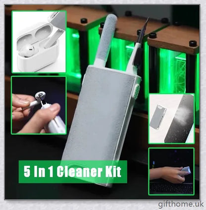 A 5-in-1 screen cleaning kit with a soft sponge, brush, and metal tip for thoroughly cleaning various digital devices