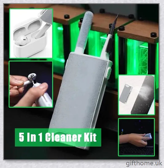 A 5-in-1 screen cleaning kit with a soft sponge, brush, and metal tip for thoroughly cleaning various digital devices