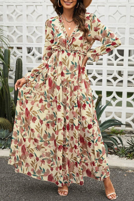 Floral Frill Trim Flounce Sleeve Plunge Maxi Dress from Trendha, featuring a captivating floral print, delicate frill trim, and a flattering flounce sleeve design.