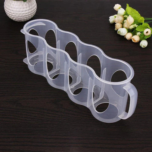 A clear, plastic fridge organiser designed to neatly store bottles, jars, and containers in the refrigerator.