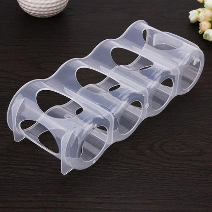 A clear, plastic fridge organiser designed to neatly store bottles, jars, and containers in the refrigerator.