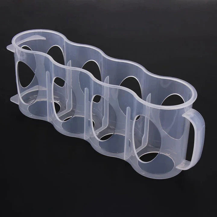 A clear, plastic fridge organiser designed to neatly store bottles, jars, and containers in the refrigerator.