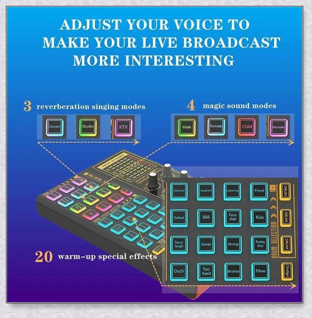 Voice Changer Live Board Sound Mixer with multiple audio effects and voice-changing presets for live streaming and podcast production