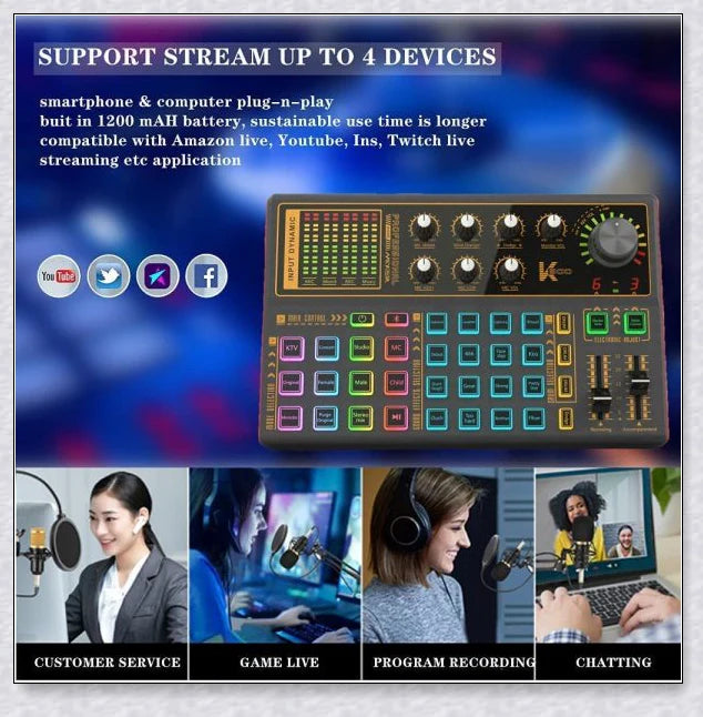 Voice Changer Live Board Sound Mixer with multiple audio effects and voice-changing presets for live streaming and podcast production
