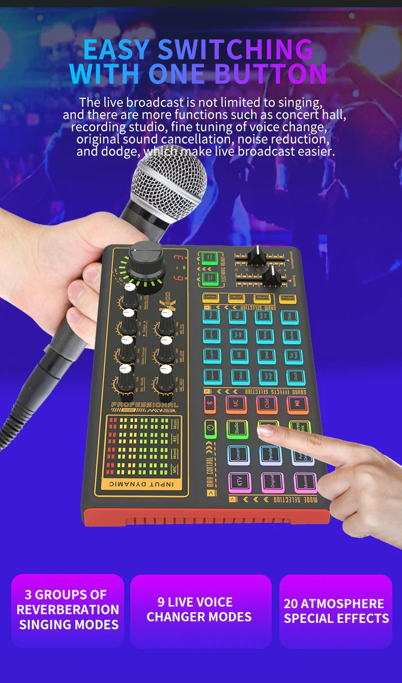 Voice Changer Live Board Sound Mixer with multiple audio effects and voice-changing presets for live streaming and podcast production