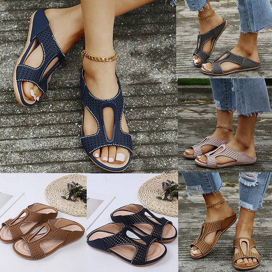Fashionable rhinestone-embellished casual slippers with a hollow design, available in a range of sizes for comfortable all-day wear.