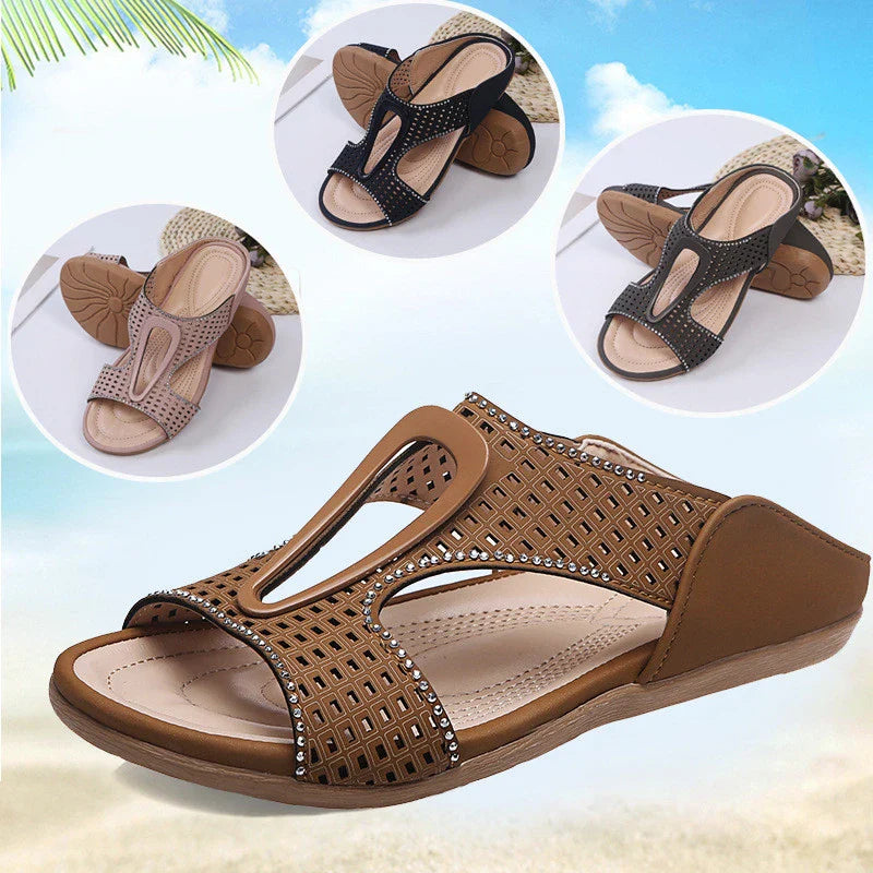 Fashionable rhinestone-embellished casual slippers with a hollow design, available in a range of sizes for comfortable all-day wear.