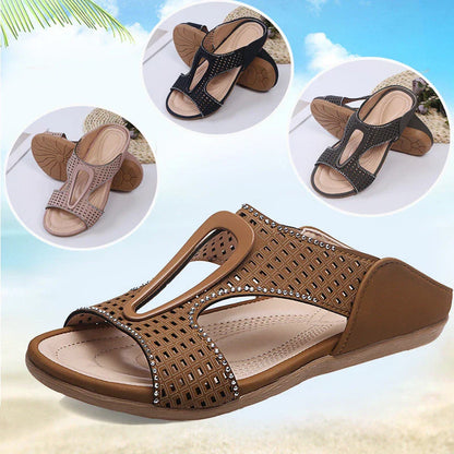 Fashionable rhinestone-embellished casual slippers with a hollow design, available in a range of sizes for comfortable all-day wear.