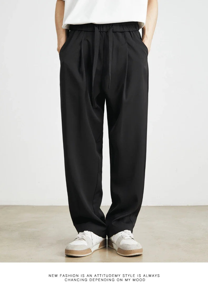 Sophisticated ice silk straight-leg trousers in a range of colours, designed with advanced draping and wrinkle-resistant properties for effortless style.