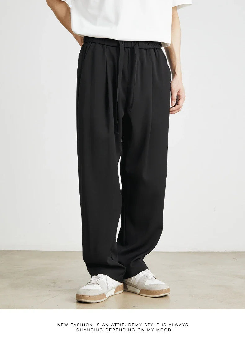 Sophisticated ice silk straight-leg trousers in a range of colours, designed with advanced draping and wrinkle-resistant properties for effortless style.