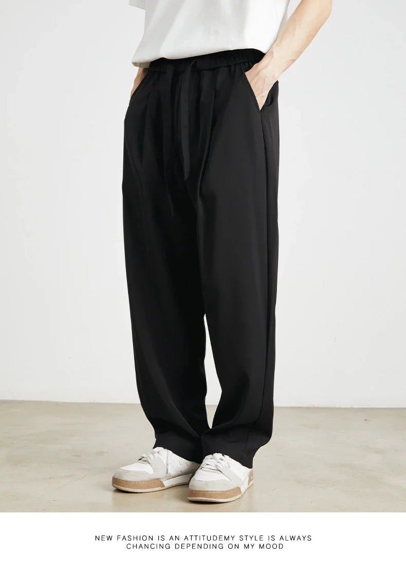Sophisticated ice silk straight-leg trousers in a range of colours, designed with advanced draping and wrinkle-resistant properties for effortless style.