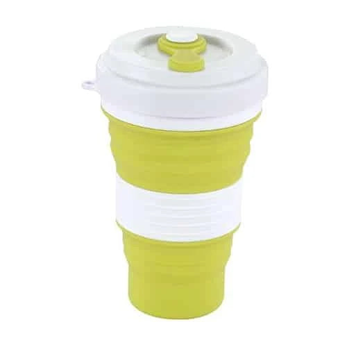Colourful folding silicone coffee mug in various vibrant colours for on-the-go hydration and convenient portability