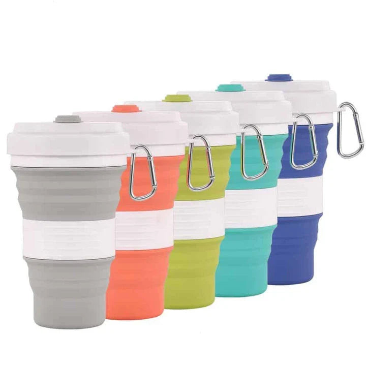 Colourful folding silicone coffee mug in various vibrant colours for on-the-go hydration and convenient portability