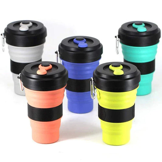 Colourful folding silicone coffee mug in various vibrant colours for on-the-go hydration and convenient portability