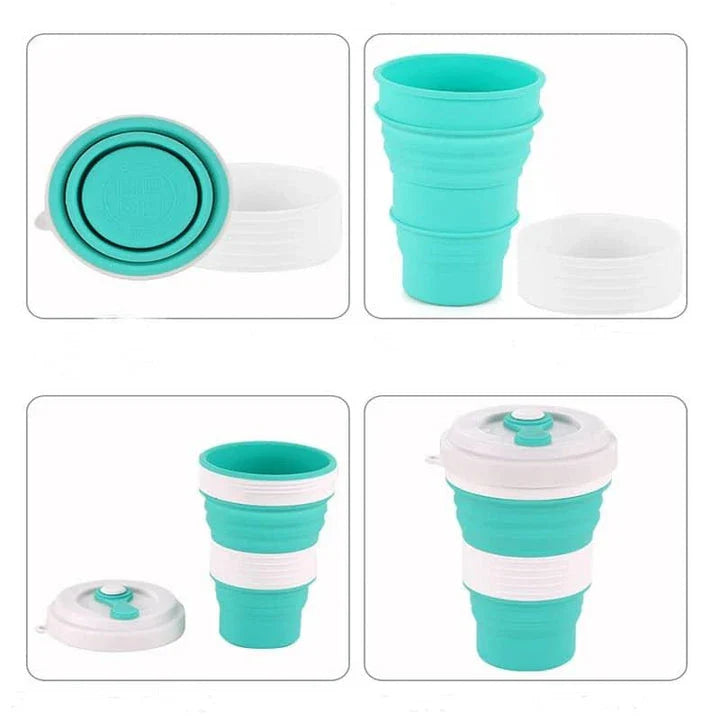 Colourful folding silicone coffee mug in various vibrant colours for on-the-go hydration and convenient portability