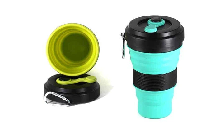 Colourful folding silicone coffee mug in various vibrant colours for on-the-go hydration and convenient portability