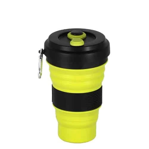 Colourful folding silicone coffee mug in various vibrant colours for on-the-go hydration and convenient portability