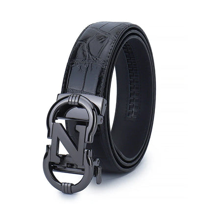 Premium genuine leather men's casual business belt with adjustable length and water-ripple embossed pattern