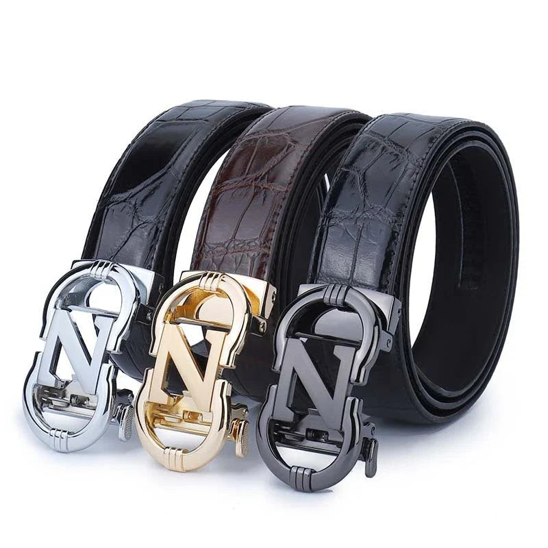 Premium genuine leather men's casual business belt with adjustable length and water-ripple embossed pattern