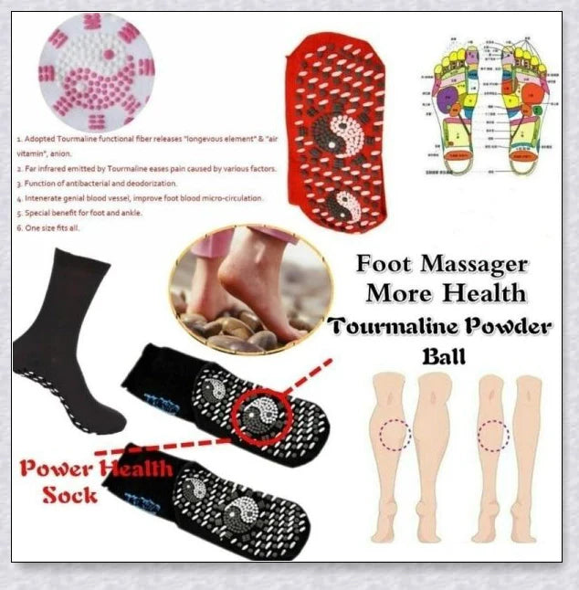 A pair of self-warming massage socks in black, red, and white colours