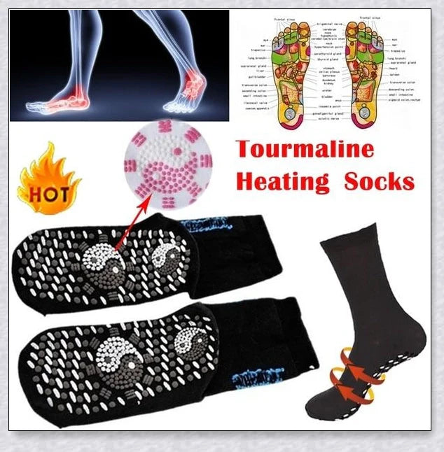 A pair of self-warming massage socks in black, red, and white colours