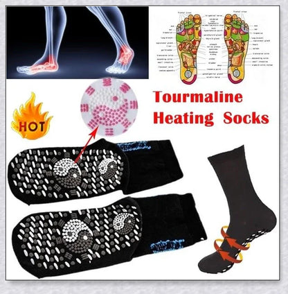 A pair of self-warming massage socks in black, red, and white colours