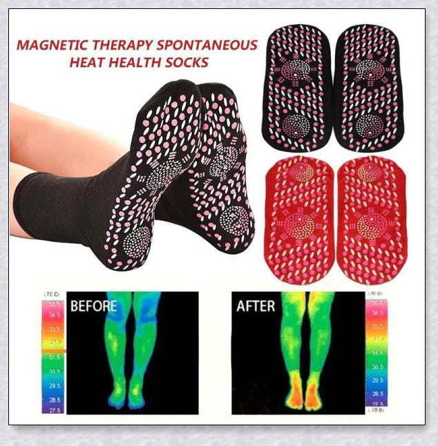 A pair of self-warming massage socks in black, red, and white colours