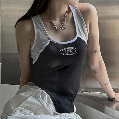 A stylish black suspender vest with functional stitching and a contoured hem, perfect for elevating any outfit