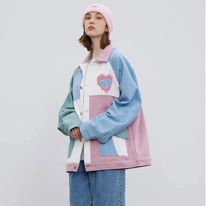 Men's hip hop patchwork heart jacket in a unique colour block design, made from high-quality cotton for comfort and durability.