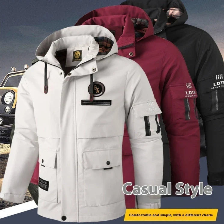 Premium waterproof hooded jacket in black, red, and white colours with dimensional patch pockets and a straight hem design.