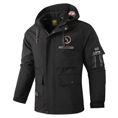 Premium waterproof hooded jacket in black, red, and white colours with dimensional patch pockets and a straight hem design.