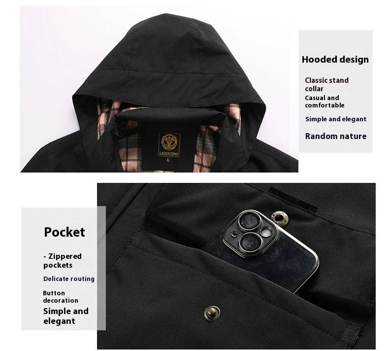 Premium waterproof hooded jacket in black, red, and white colours with dimensional patch pockets and a straight hem design.