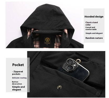 Premium waterproof hooded jacket in black, red, and white colours with dimensional patch pockets and a straight hem design.