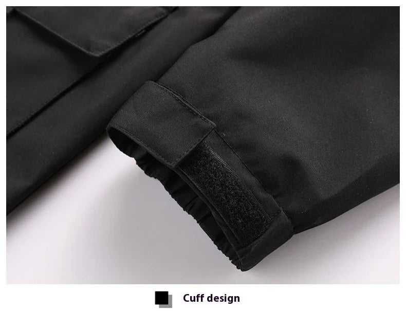 Premium waterproof hooded jacket in black, red, and white colours with dimensional patch pockets and a straight hem design.