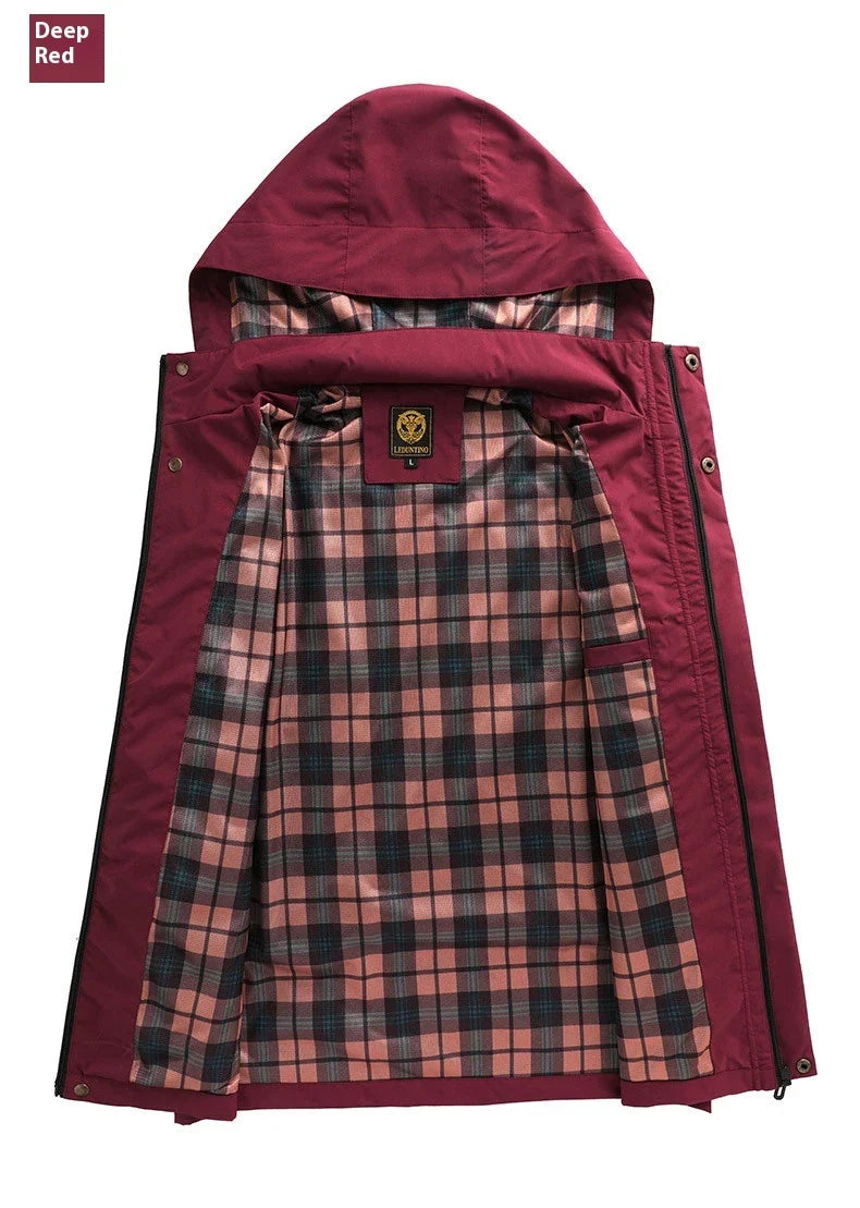 Premium waterproof hooded jacket in black, red, and white colours with dimensional patch pockets and a straight hem design.