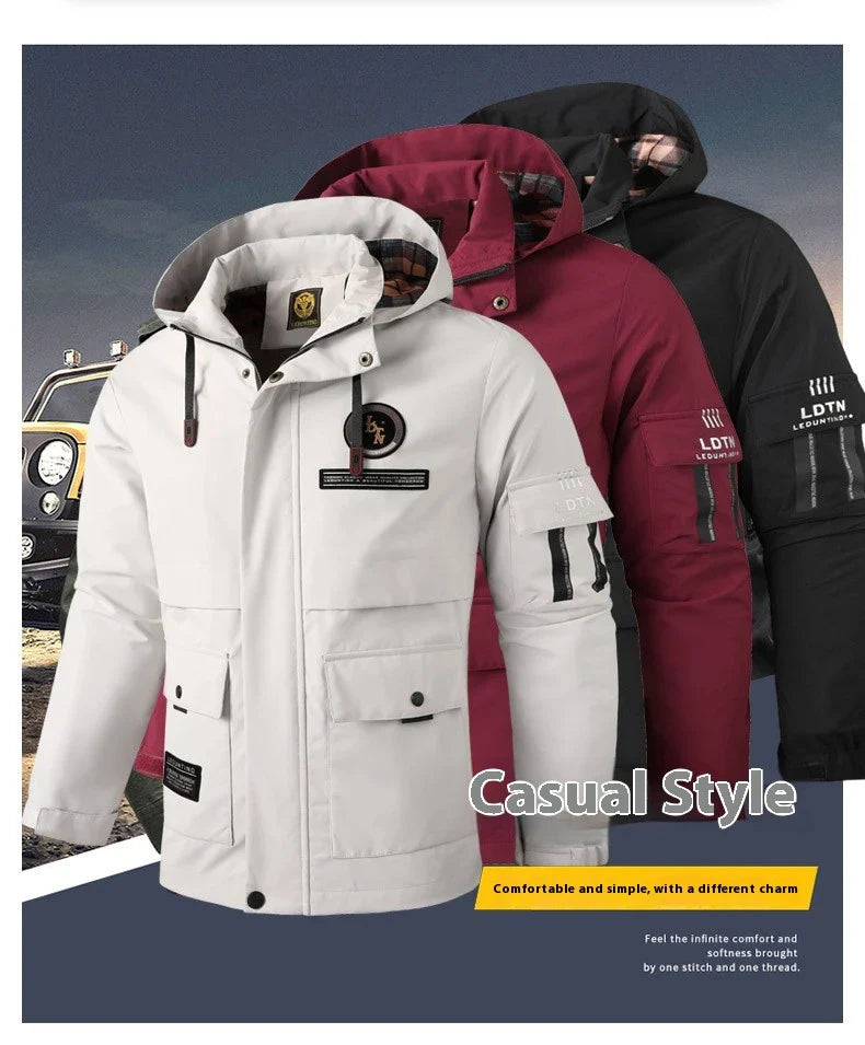 Premium waterproof hooded jacket in black, red, and white colours with dimensional patch pockets and a straight hem design.