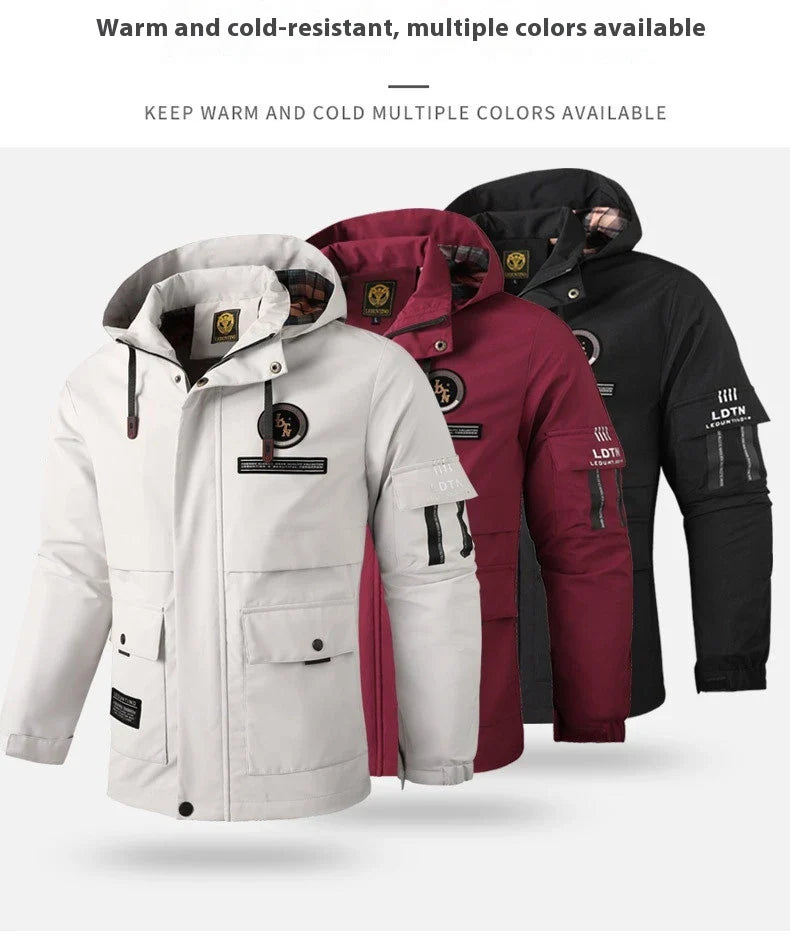 Premium waterproof hooded jacket in black, red, and white colours with dimensional patch pockets and a straight hem design.