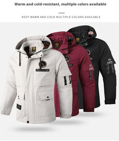 Premium waterproof hooded jacket in black, red, and white colours with dimensional patch pockets and a straight hem design.