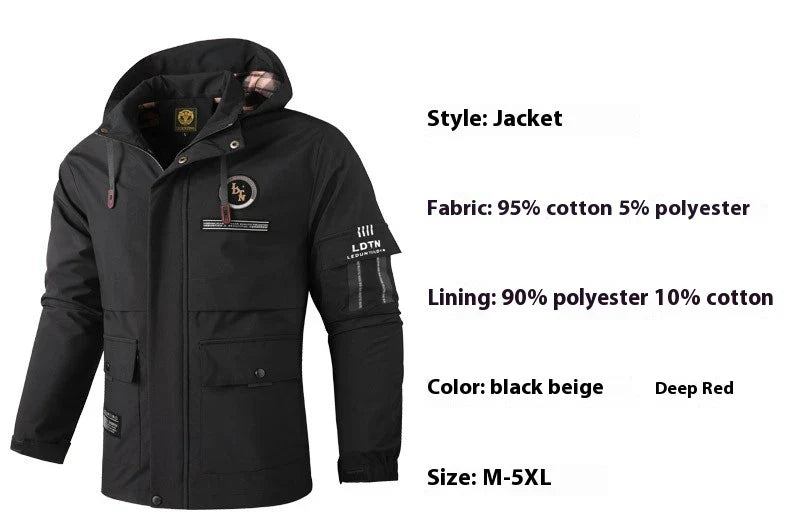 Premium waterproof hooded jacket in black, red, and white colours with dimensional patch pockets and a straight hem design.