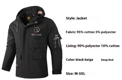 Premium waterproof hooded jacket in black, red, and white colours with dimensional patch pockets and a straight hem design.