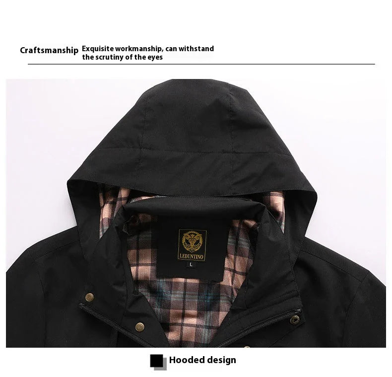 Premium waterproof hooded jacket in black, red, and white colours with dimensional patch pockets and a straight hem design.