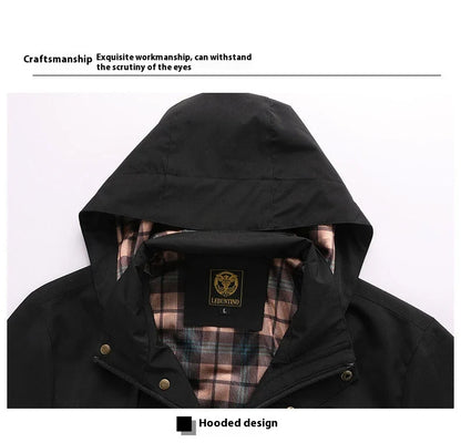 Premium waterproof hooded jacket in black, red, and white colours with dimensional patch pockets and a straight hem design.