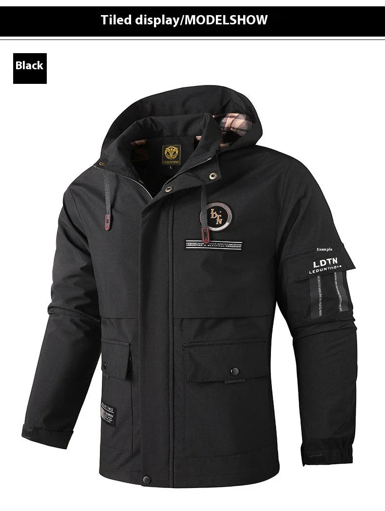 Premium waterproof hooded jacket in black, red, and white colours with dimensional patch pockets and a straight hem design.