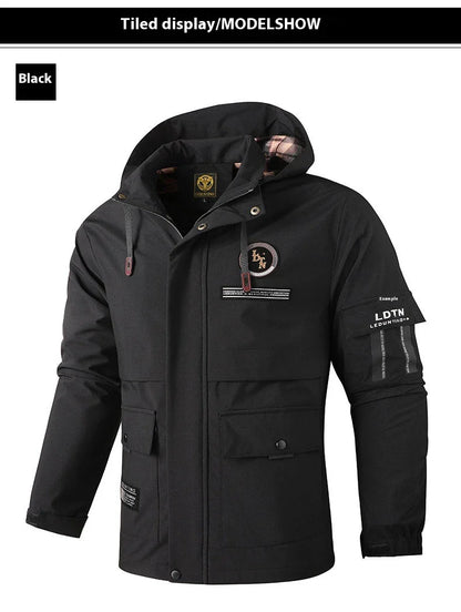 Premium waterproof hooded jacket in black, red, and white colours with dimensional patch pockets and a straight hem design.