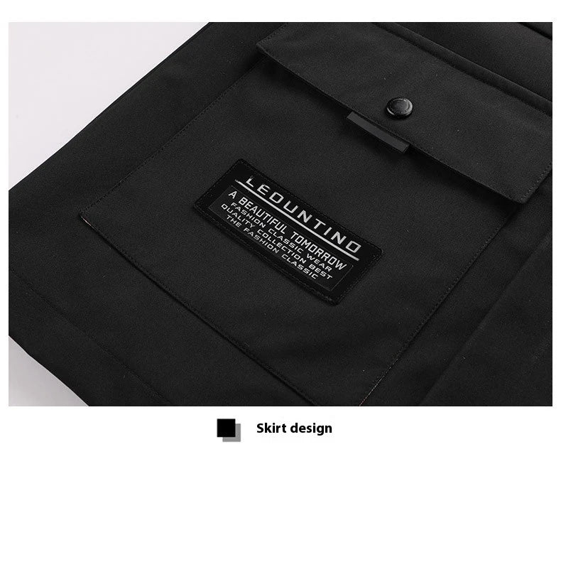 Premium waterproof hooded jacket in black, red, and white colours with dimensional patch pockets and a straight hem design.