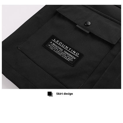 Premium waterproof hooded jacket in black, red, and white colours with dimensional patch pockets and a straight hem design.