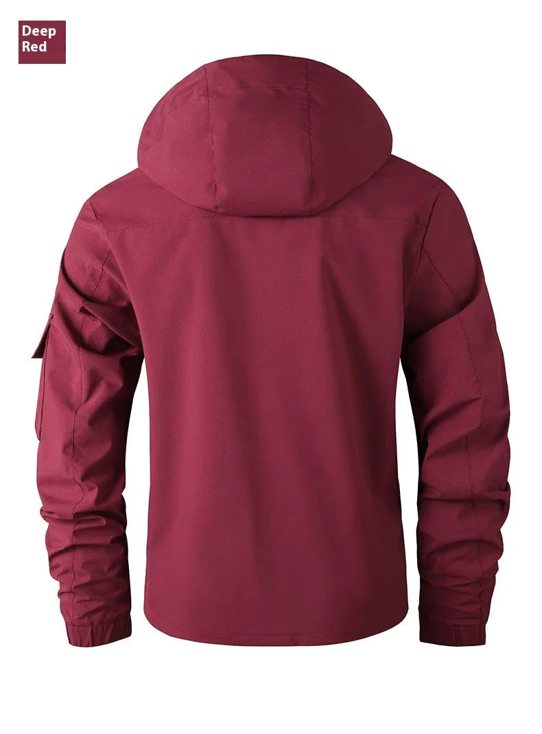 Premium waterproof hooded jacket in black, red, and white colours with dimensional patch pockets and a straight hem design.