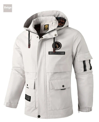 Premium waterproof hooded jacket in black, red, and white colours with dimensional patch pockets and a straight hem design.